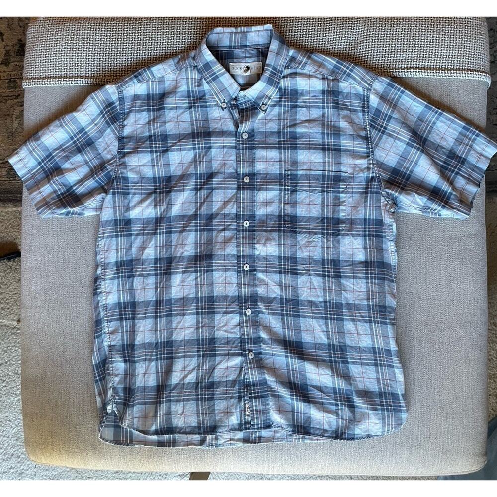 XL Mens Duck Head Short Sleeve Shirt D1-1211 Size XL White Vintage Blue Plaid